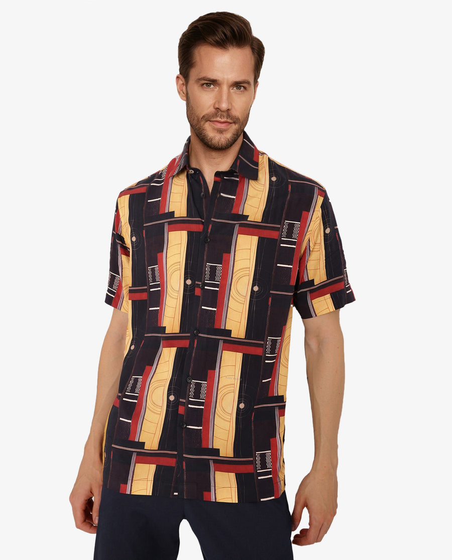 Rare Rabbit Men's Calt Black Viscose Abstract Print Boxy Fit Half Sleeve Collared Shirt