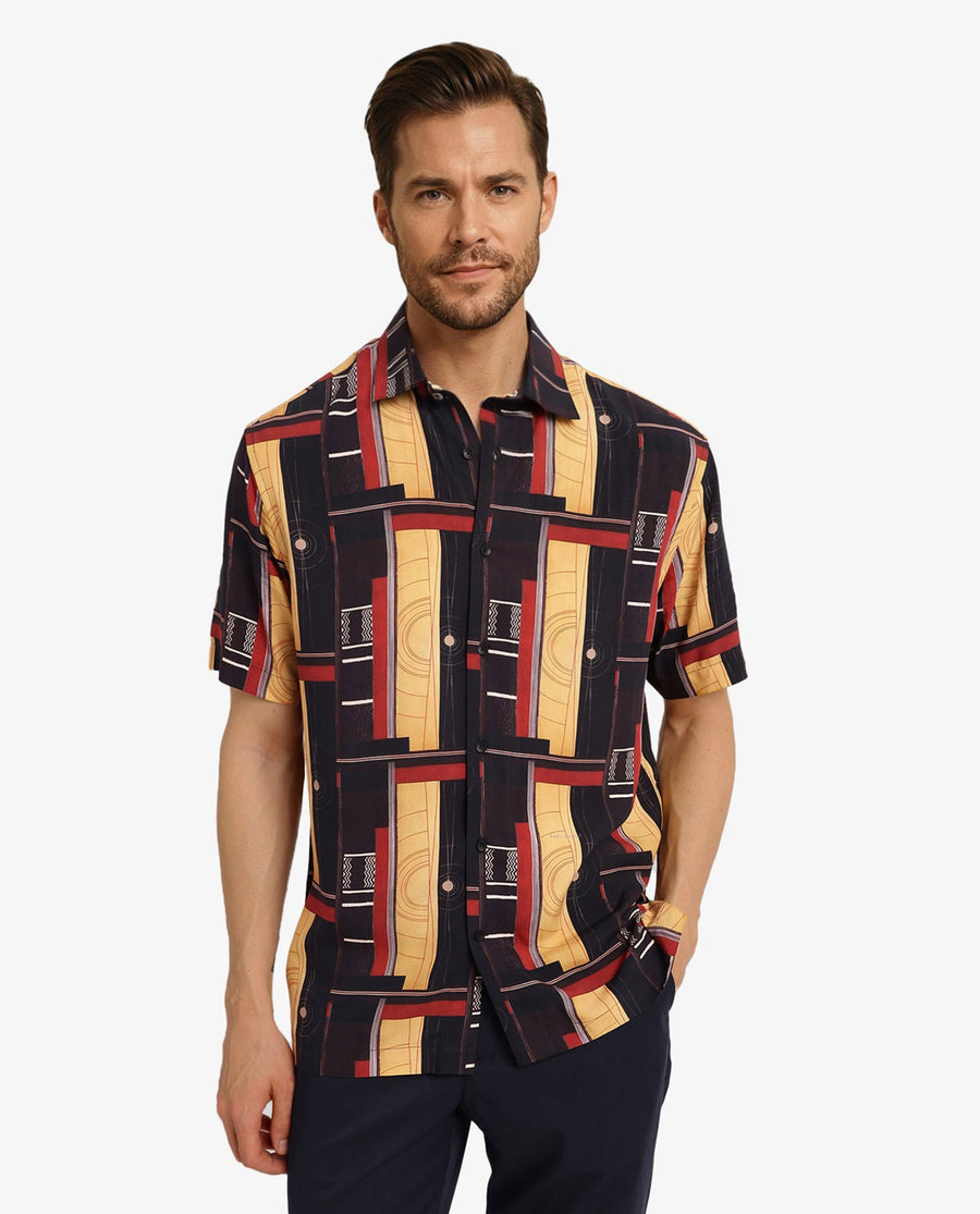 Rare Rabbit Men's Calt Black Viscose Abstract Print Boxy Fit Half Sleeve Collared Shirt
