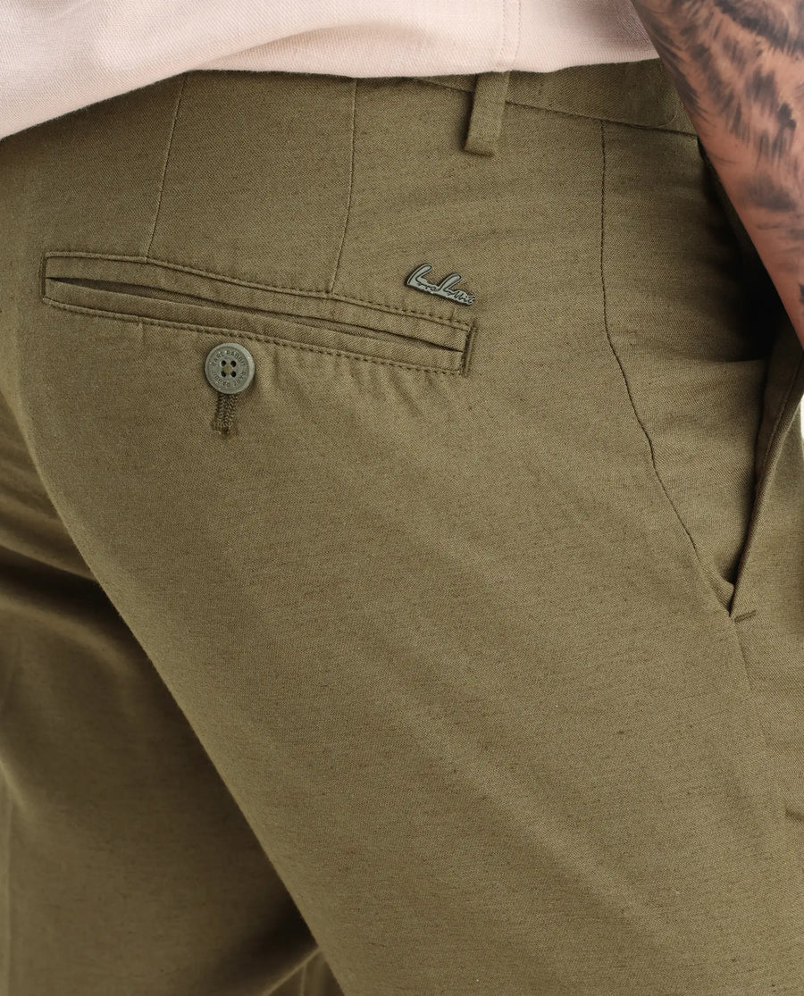 Rare Rabbit Men's Cameo Olive Linen Plain Regular Fit Trouser
