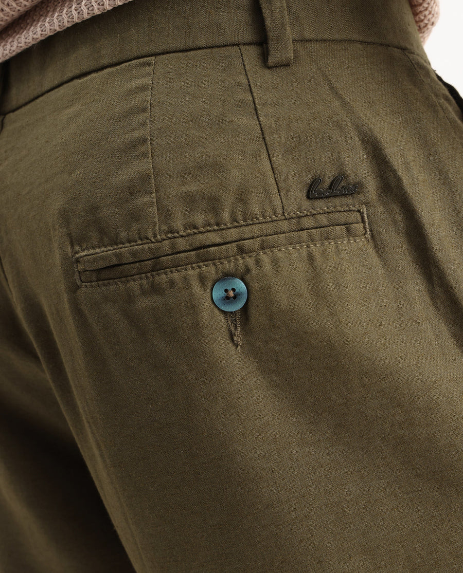 Rare Rabbit Men's Camer Olive 100% Linen Plain Regular Fit Shorts