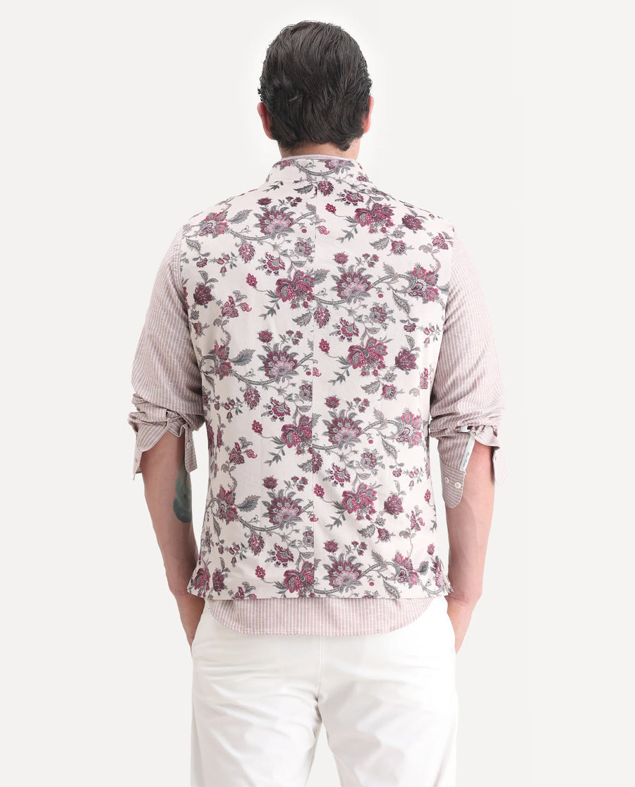 Rare Rabbit Men's Camero Light Beige Velvet Floral Print Tailored Fit Sleeveless Mandarin Collar Bandhgala