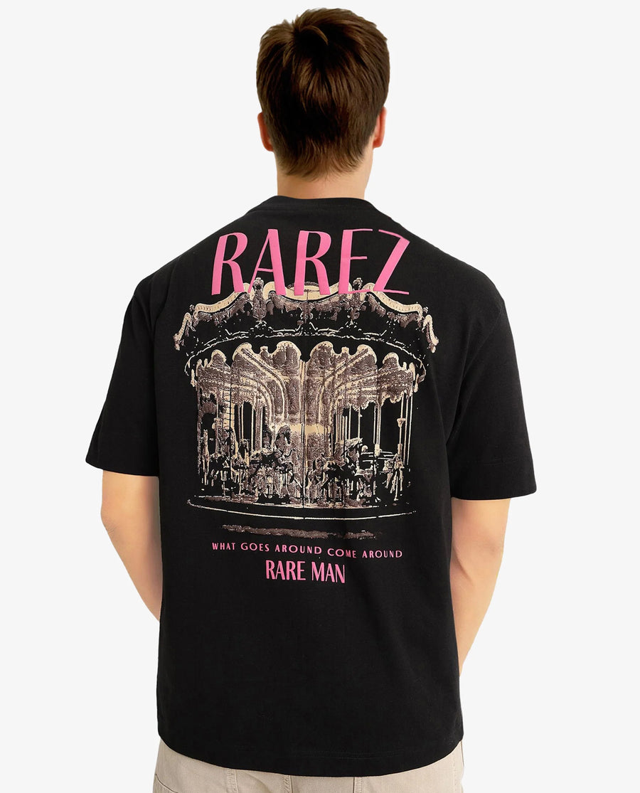 Rare Rabbit Men's Carl Black Graphic Print Oversized Fit Half Sleeve Crew Neck T-Shirt