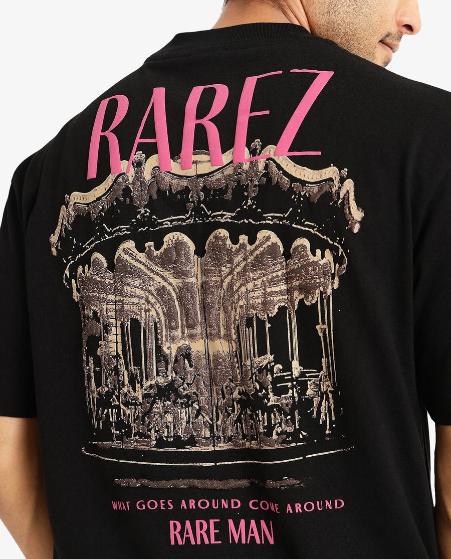 Rare Rabbit Men's Carl Black Graphic Print Oversized Fit Half Sleeve Crew Neck T-Shirt