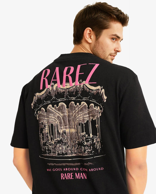 Rare Rabbit Men's Carl Black Graphic Print Oversized Fit Half Sleeve Crew Neck T-Shirt