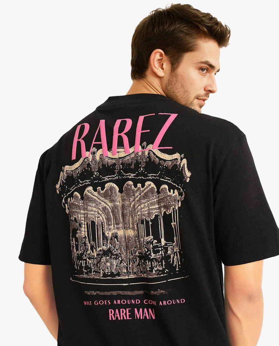 Rare Rabbit Men's Carl Black Graphic Print Oversized Fit Half Sleeve Crew Neck T-Shirt