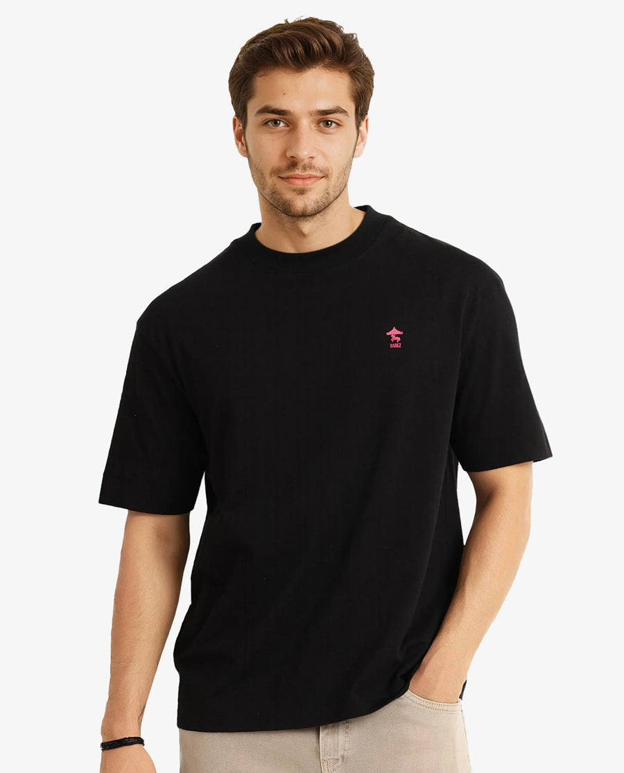 Rare Rabbit Men's Carl Black Graphic Print Oversized Fit Half Sleeve Crew Neck T-Shirt