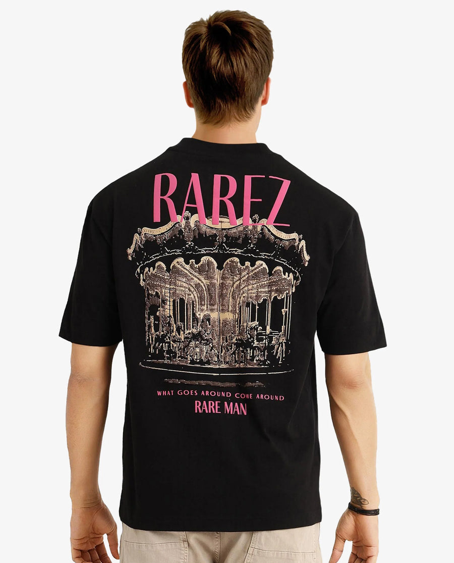 Rare Rabbit Men's Carl Black Graphic Print Oversized Fit Half Sleeve Crew Neck T-Shirt
