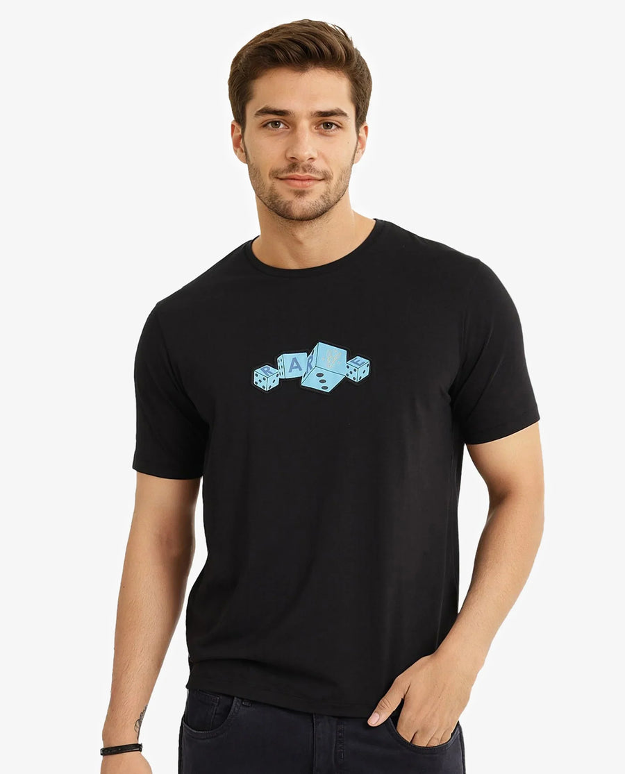 Rare Rabbit Men's Cason Black Cotton Graphic Print Regular Fit Half Sleeve Crew Neck T-Shirt
