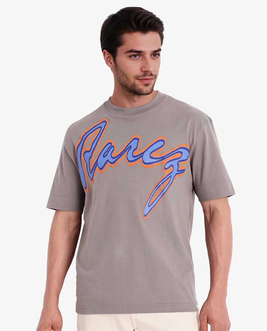 Rare Rabbit Men's Casse Light Grey Cotton Graphic Print Oversized Fit Half Sleeve Crew Neck T-Shirt