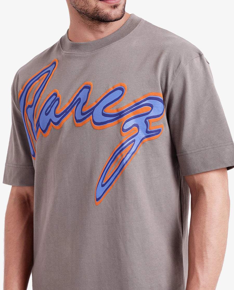 Rare Rabbit Men's Casse Light Grey Cotton Graphic Print Oversized Fit Half Sleeve Crew Neck T-Shirt