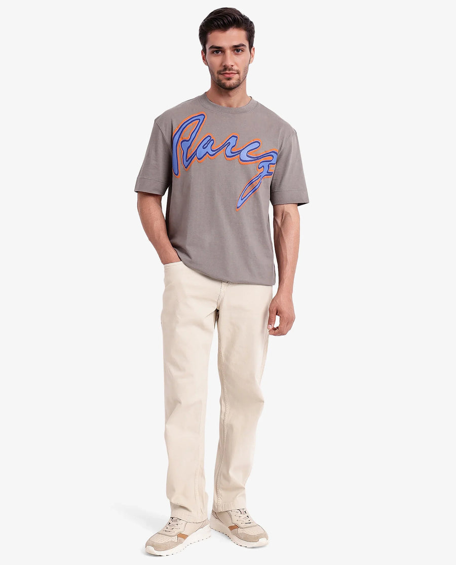 Rare Rabbit Men's Casse Light Grey Cotton Graphic Print Oversized Fit Half Sleeve Crew Neck T-Shirt