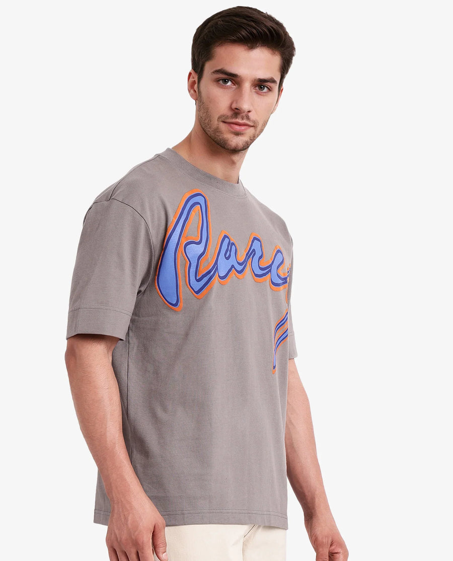 Rare Rabbit Men's Casse Light Grey Cotton Graphic Print Oversized Fit Half Sleeve Crew Neck T-Shirt