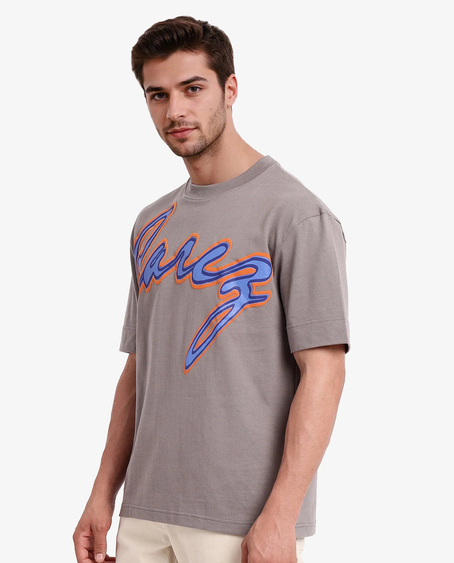 Rare Rabbit Men's Casse Light Grey Cotton Graphic Print Oversized Fit Half Sleeve Crew Neck T-Shirt