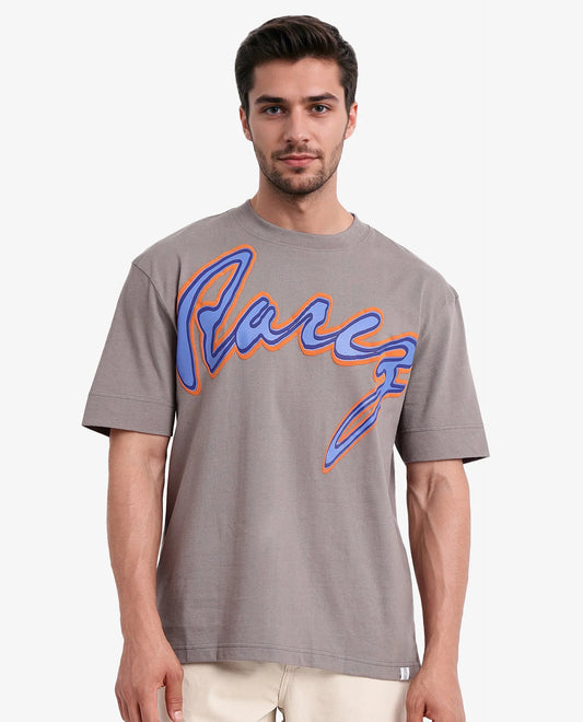 Rare Rabbit Men's Casse Light Grey Cotton Graphic Print Oversized Fit Half Sleeve Crew Neck T-Shirt