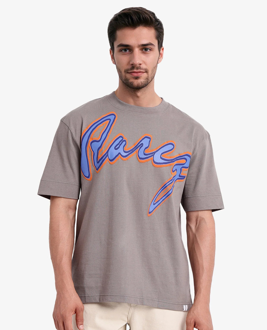 Rare Rabbit Men's Casse Light Grey Cotton Graphic Print Oversized Fit Half Sleeve Crew Neck T-Shirt