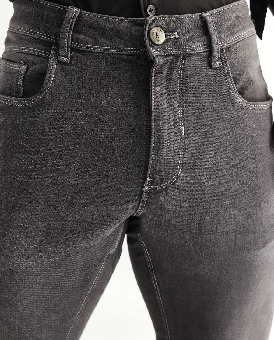 Rare Rabbit Men's Celebi Grey Cotton Plain Hawk Slim Fit Jeans