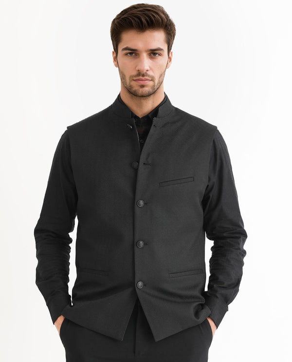 Rare Rabbit Men's Cerny Black Polyester Jacquard Tailored Fit Sleeveless Mandarin Collar Bandhgala