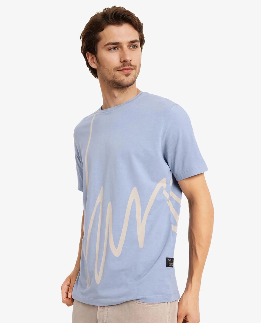 Rare Rabbit Men's Chael Dusky Blue Cotton Blend Graphic Print Regular Fit Half Sleeve Crew Neck T-Shirt