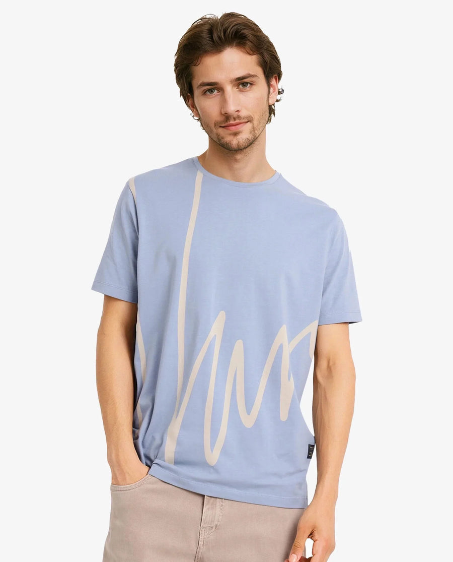 Rare Rabbit Men's Chael Dusky Blue Cotton Blend Graphic Print Regular Fit Half Sleeve Crew Neck T-Shirt