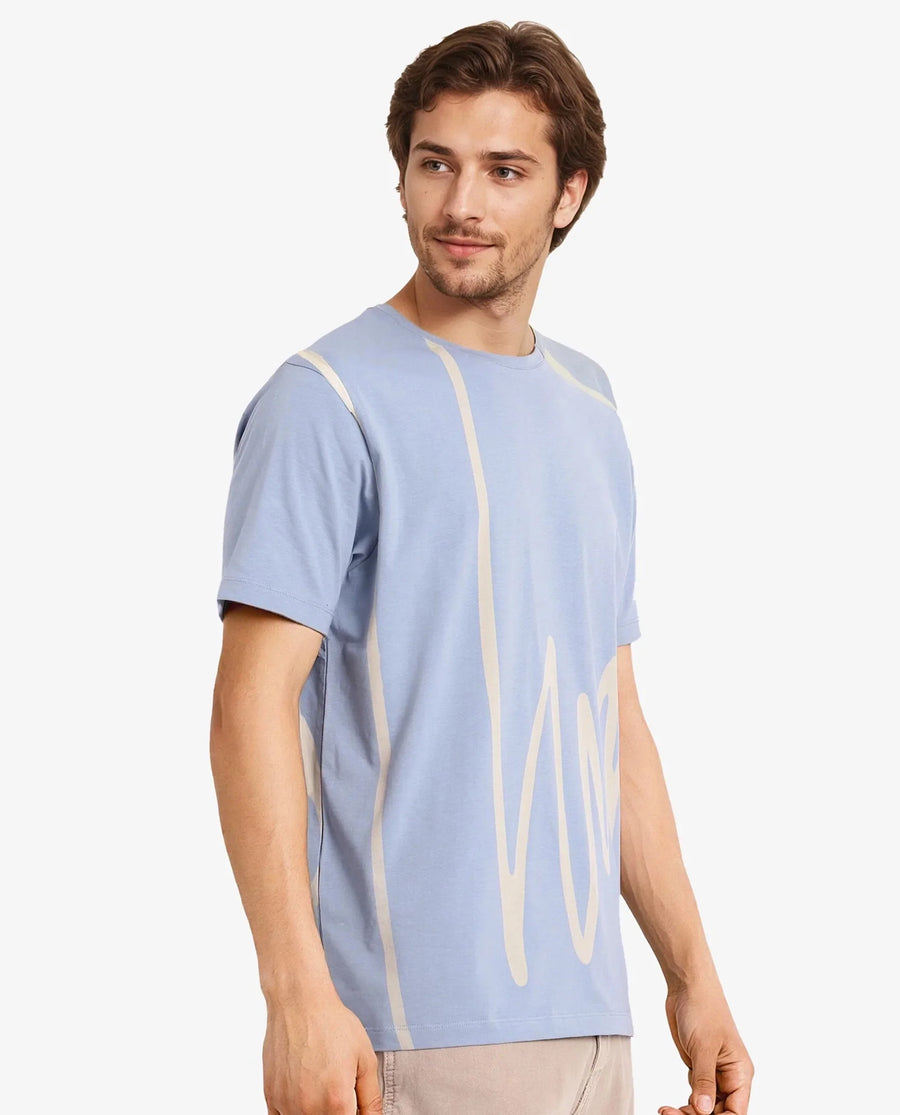 Rare Rabbit Men's Chael Dusky Blue Cotton Blend Graphic Print Regular Fit Half Sleeve Crew Neck T-Shirt