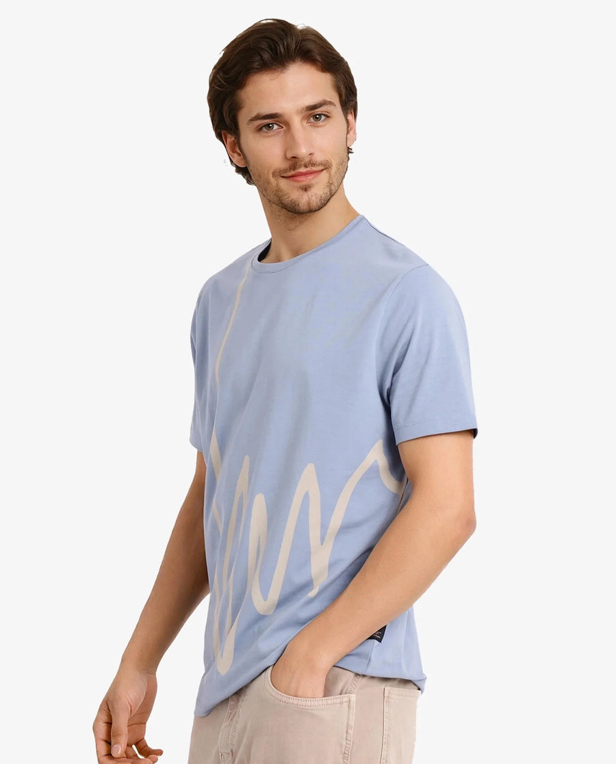 Rare Rabbit Men's Chael Dusky Blue Cotton Blend Graphic Print Regular Fit Half Sleeve Crew Neck T-Shirt