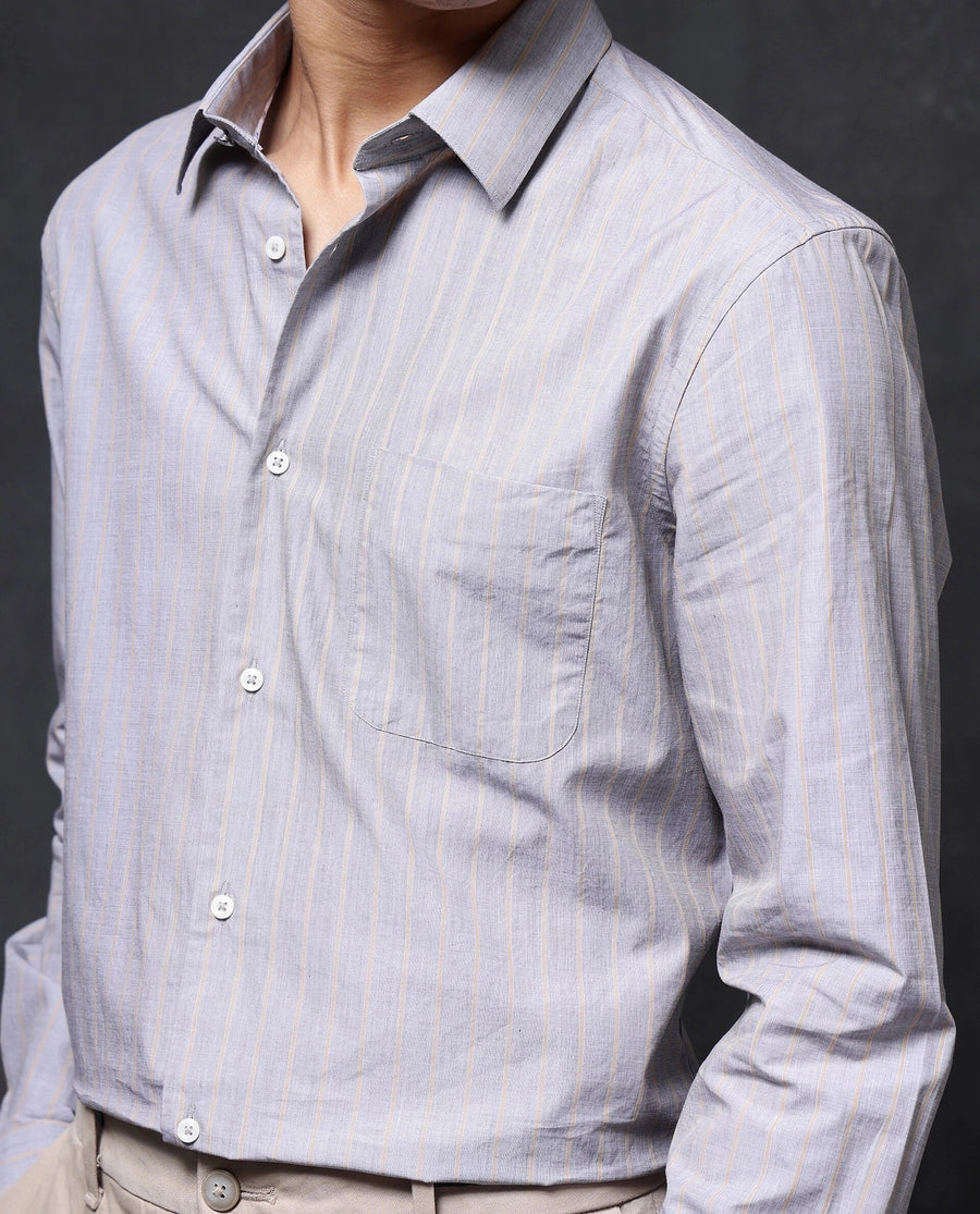 Rare Rabbit Men's Charl Beige Cotton Striped Print Regular Fit Full Sleeve Collared Shirt