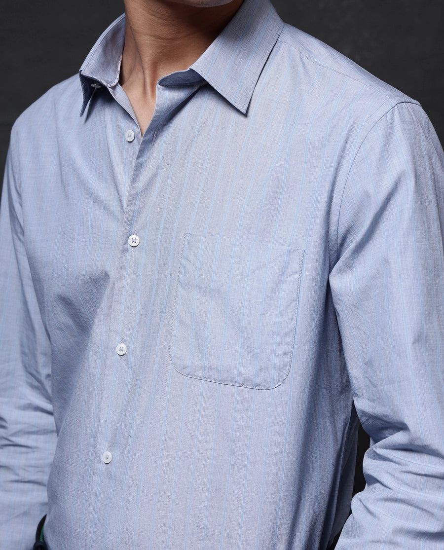 Rare Rabbit Men's Charl Light Blue Cotton Striped Print Regular Fit Full Sleeve Collared Shirt
