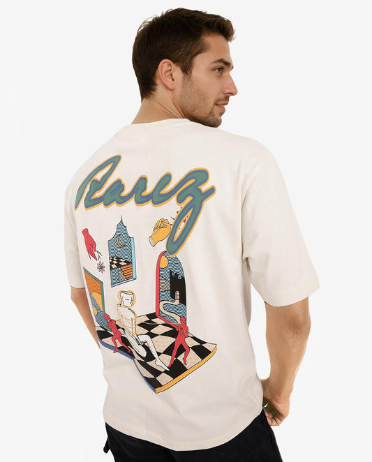 Rare Rabbit Men's Ches Off White Cotton Graphic Print Oversized Fit Half Sleeve Crew Neck T-Shirt