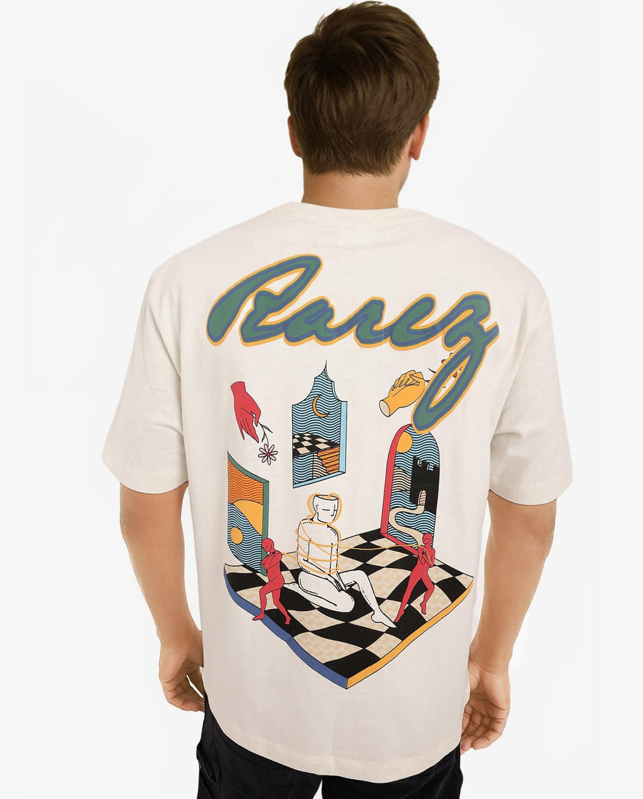 Rare Rabbit Men's Ches Off White Cotton Graphic Print Oversized Fit Half Sleeve Crew Neck T-Shirt