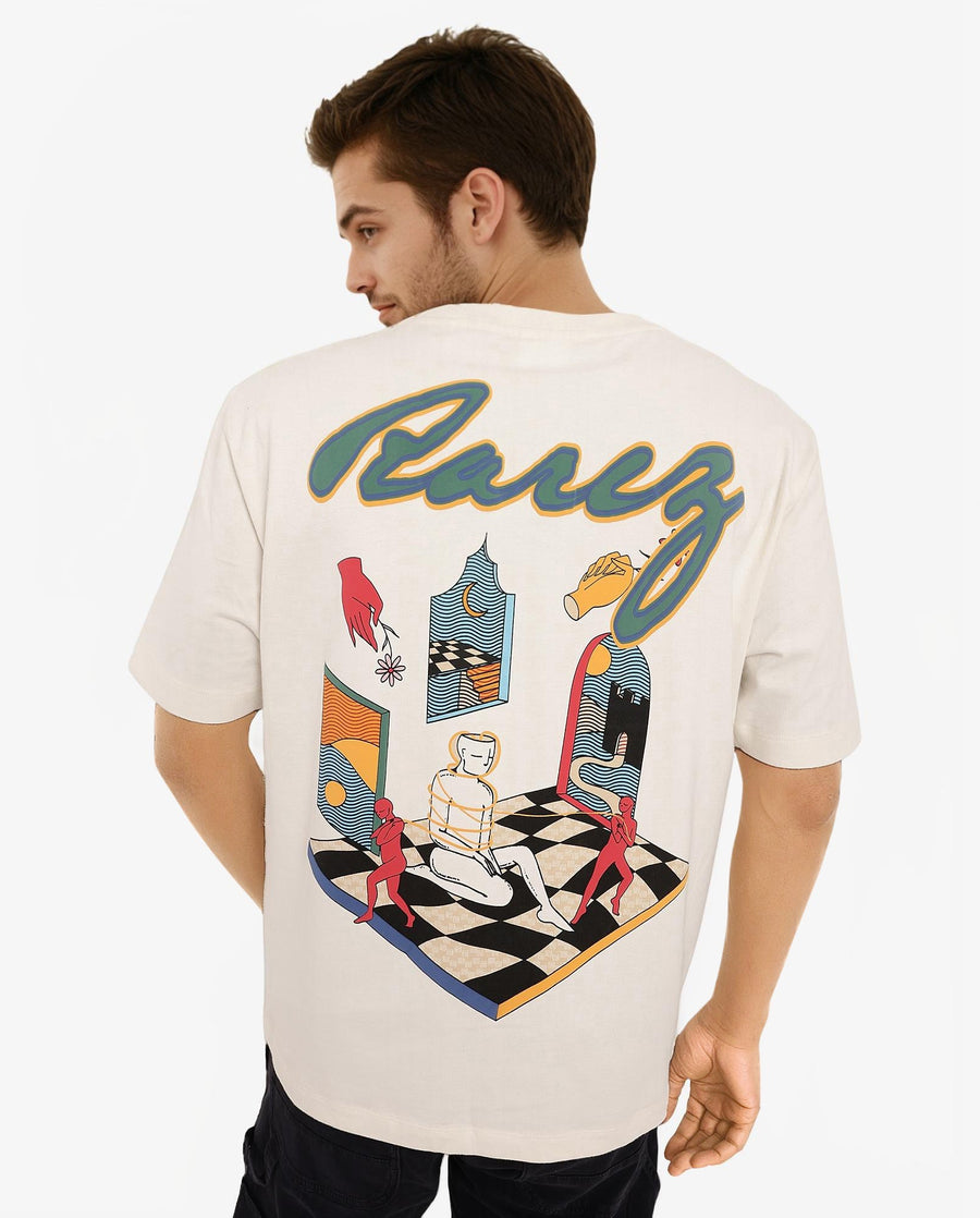 Rare Rabbit Men's Ches Off White Cotton Graphic Print Oversized Fit Half Sleeve Crew Neck T-Shirt