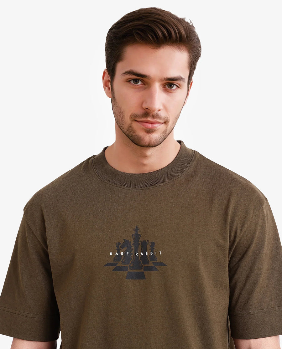 Rare Rabbit Men's Chess Olive Cotton Graphic Print Regular Fit Half Sleeve Crew Neck T-Shirt