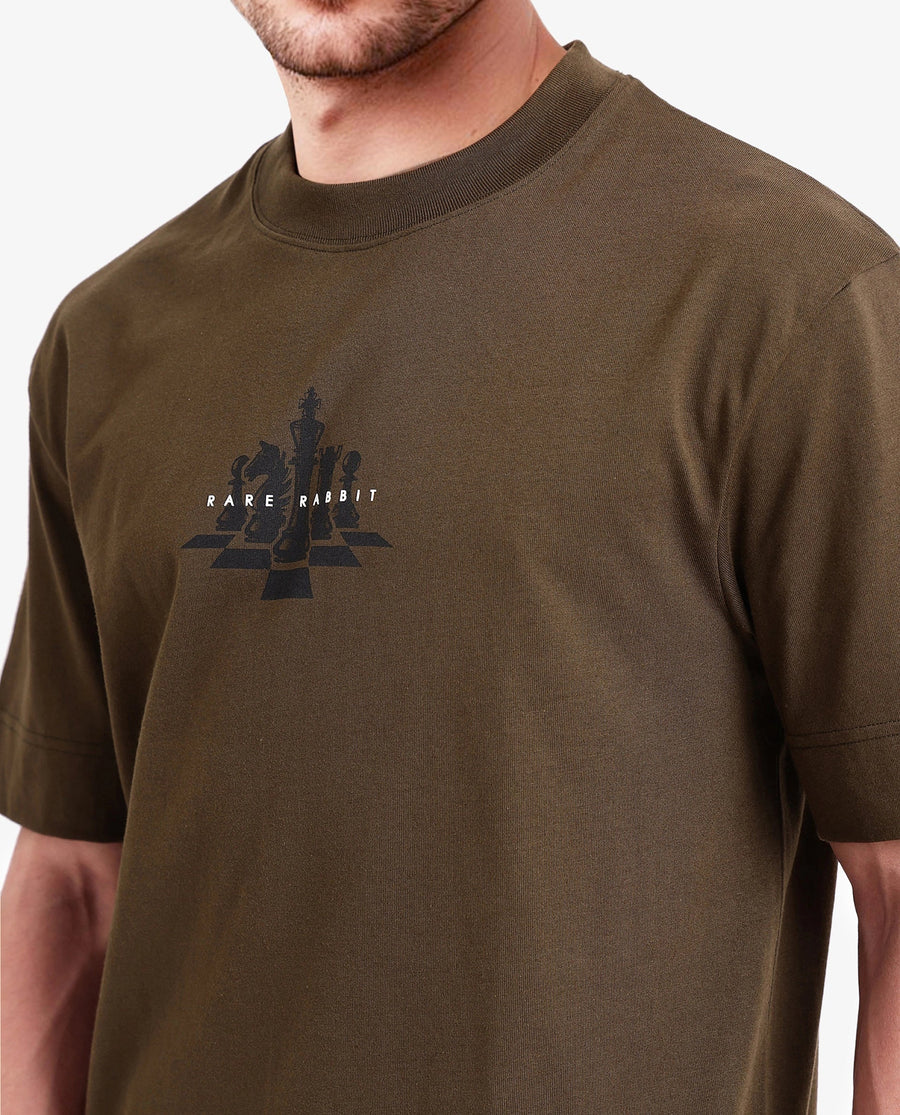 Rare Rabbit Men's Chess Olive Cotton Graphic Print Regular Fit Half Sleeve Crew Neck T-Shirt
