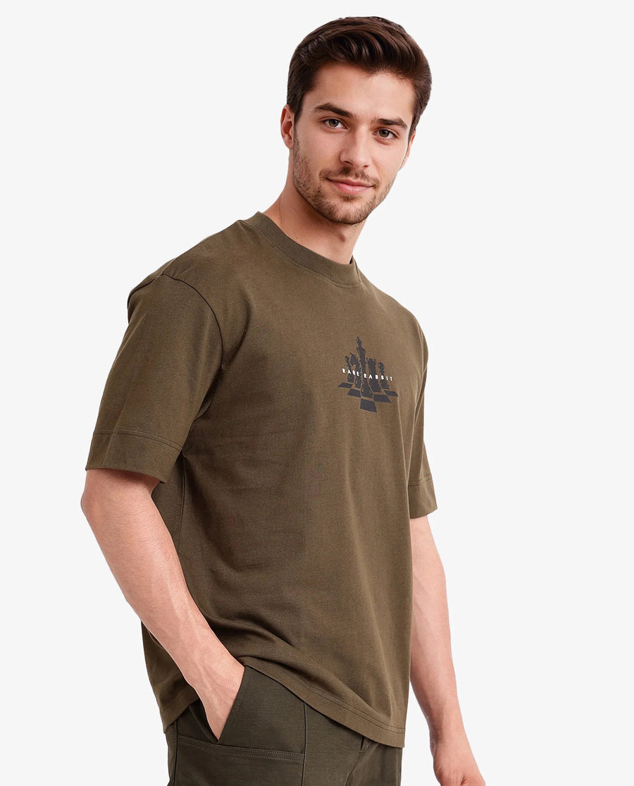Rare Rabbit Men's Chess Olive Cotton Graphic Print Regular Fit Half Sleeve Crew Neck T-Shirt