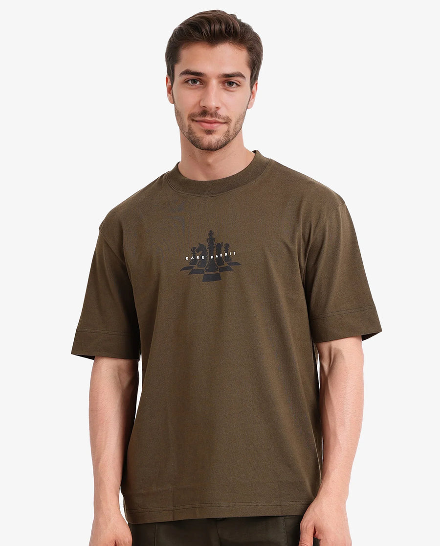 Rare Rabbit Men's Chess Olive Cotton Graphic Print Regular Fit Half Sleeve Crew Neck T-Shirt
