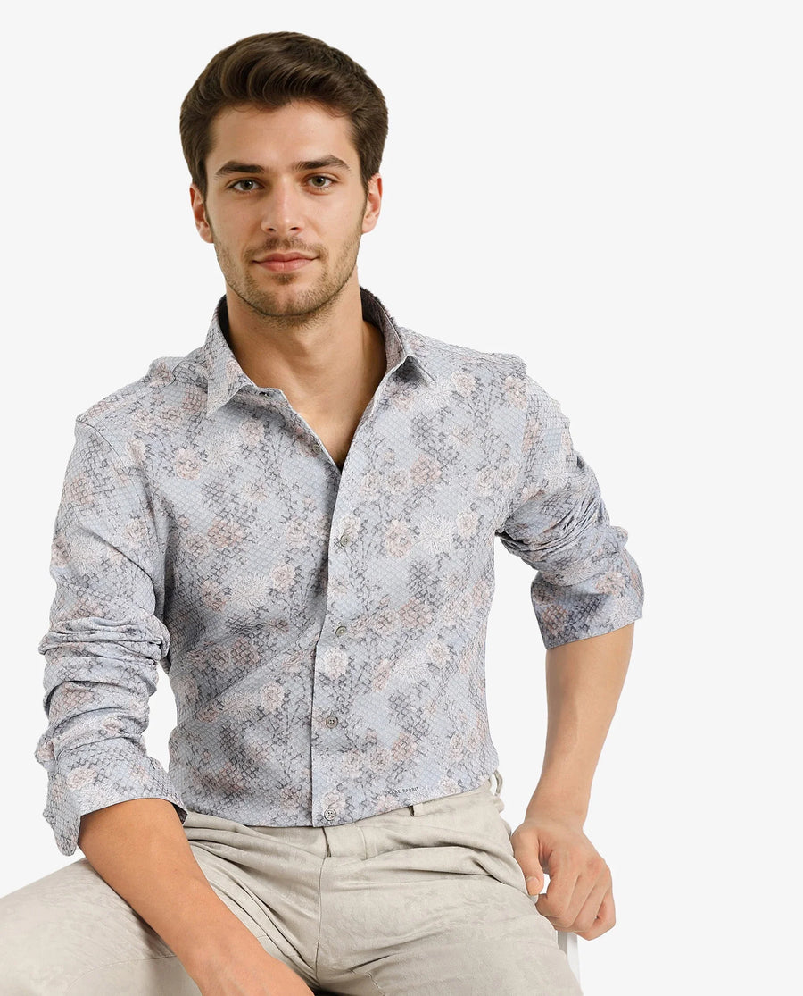 Rare Rabbit Men's Chester Pastel Blue Cotton Floral Print Regular Fit Full Sleeve Collared Shirt