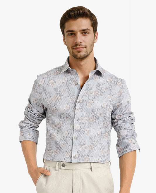 Rare Rabbit Men's Chester Pastel Blue Cotton Floral Print Regular Fit Full Sleeve Collared Shirt