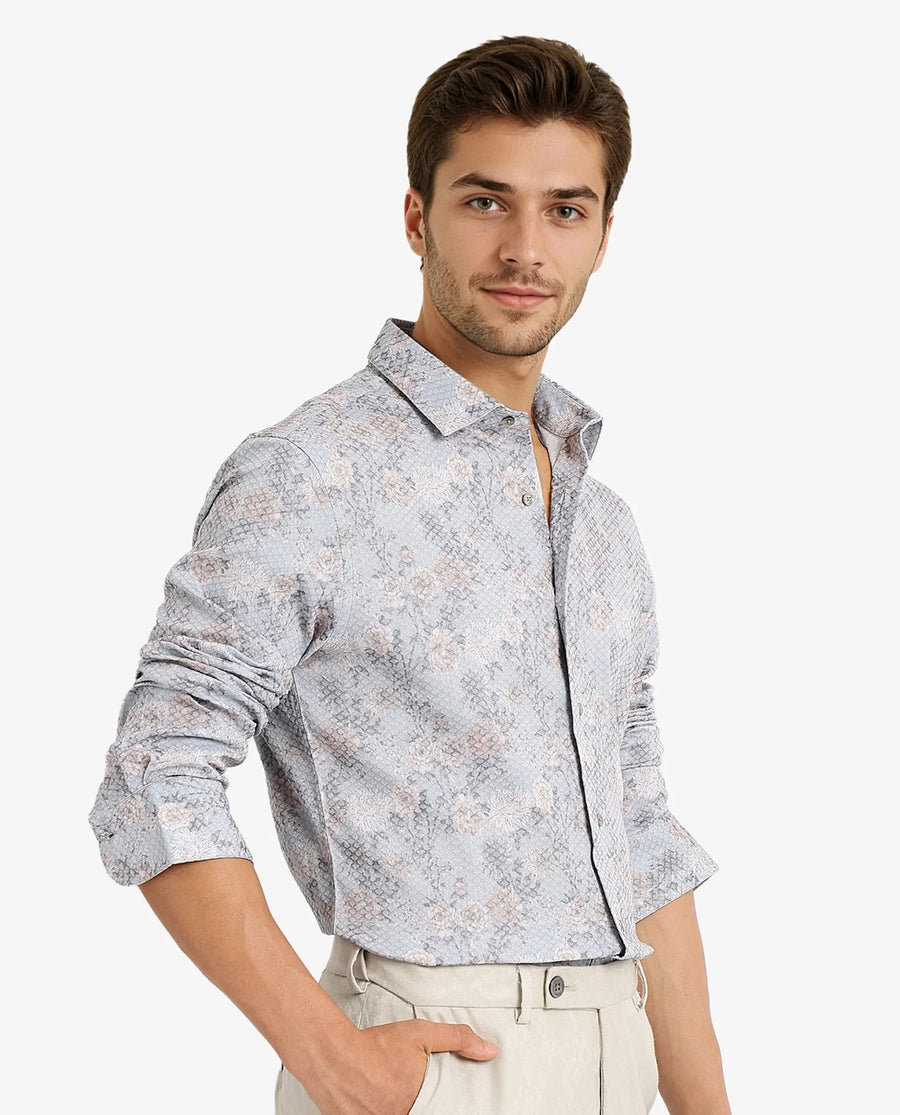 Rare Rabbit Men's Chester Pastel Blue Cotton Floral Print Regular Fit Full Sleeve Collared Shirt