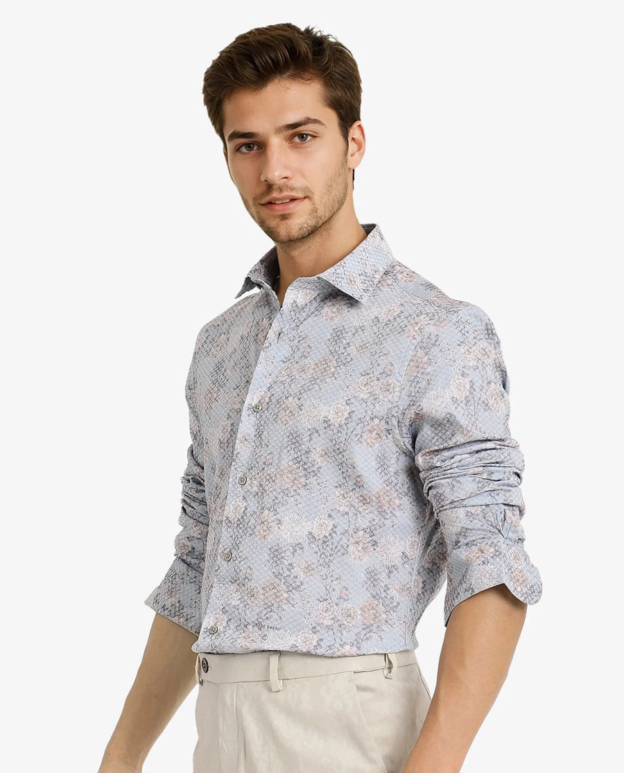 Rare Rabbit Men's Chester Pastel Blue Cotton Floral Print Regular Fit Full Sleeve Collared Shirt