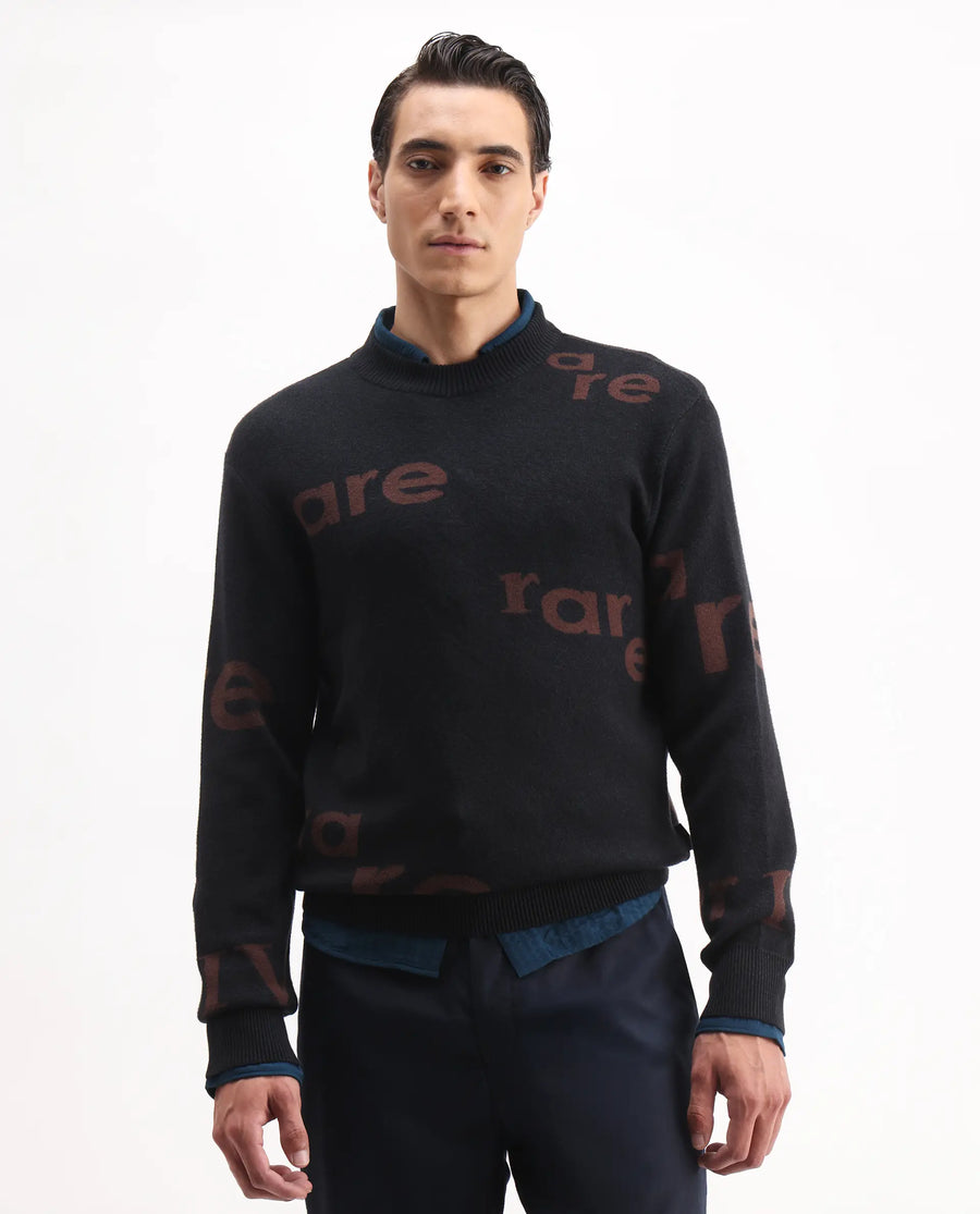 Rare Rabbit Men's Chet Dark Green Viscose Monogram Print Regular Fit Full Sleeve Crew Neck Sweater