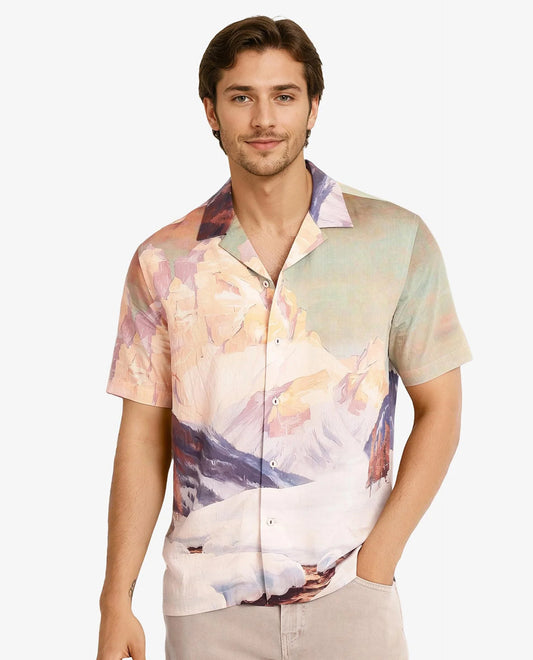 Rare Rabbit Men's Chil Light Orange Cotton Decorative Print Boxy Fit Half Sleeve Cuban Collar Shirt