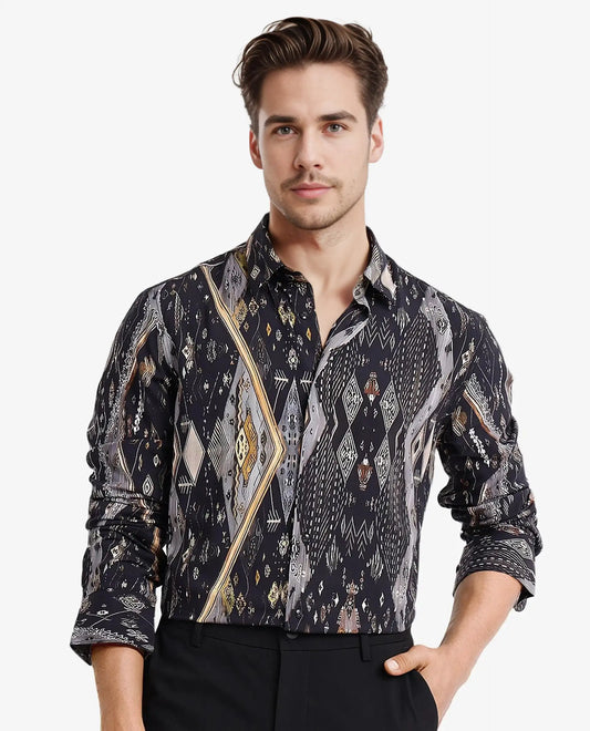 Rare Rabbit Men's Ciphor Black Decorative Print Regular Fit Full Sleeve Collared Shirt