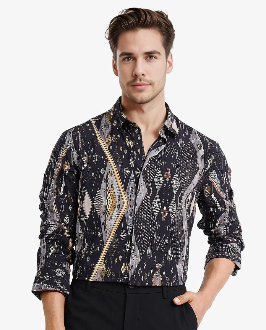 Rare Rabbit Men's Ciphor Black Decorative Print Regular Fit Full Sleeve Collared Shirt