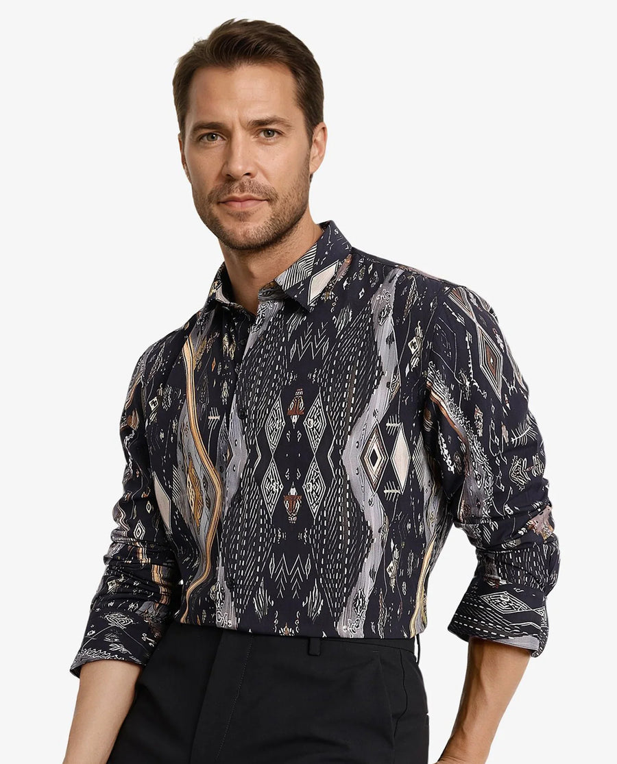 Rare Rabbit Men's Ciphor Black Decorative Print Regular Fit Full Sleeve Collared Shirt