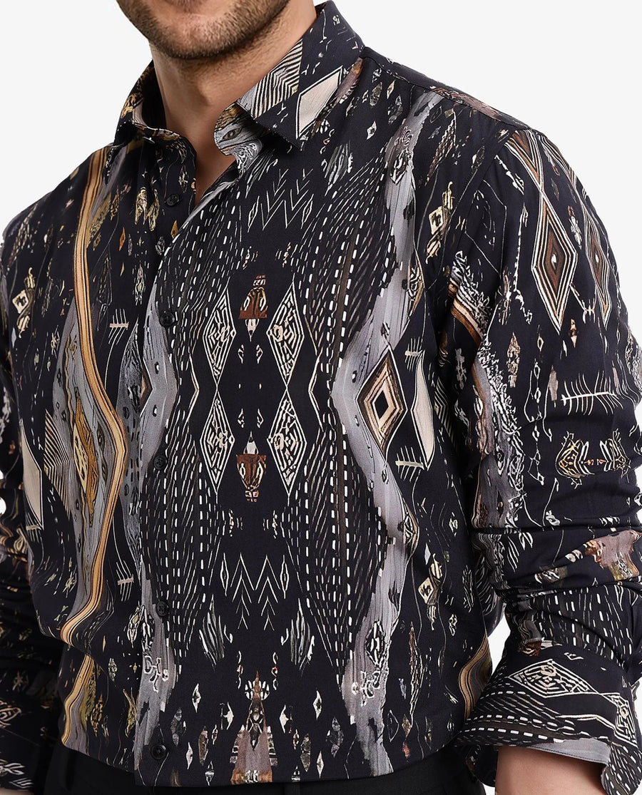 Rare Rabbit Men's Ciphor Black Decorative Print Regular Fit Full Sleeve Collared Shirt
