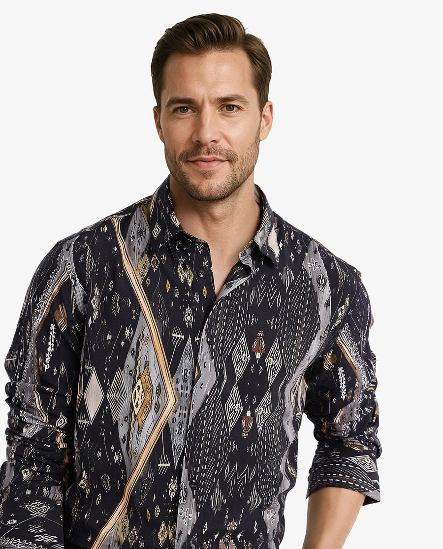 Rare Rabbit Men's Ciphor Black Decorative Print Regular Fit Full Sleeve Collared Shirt