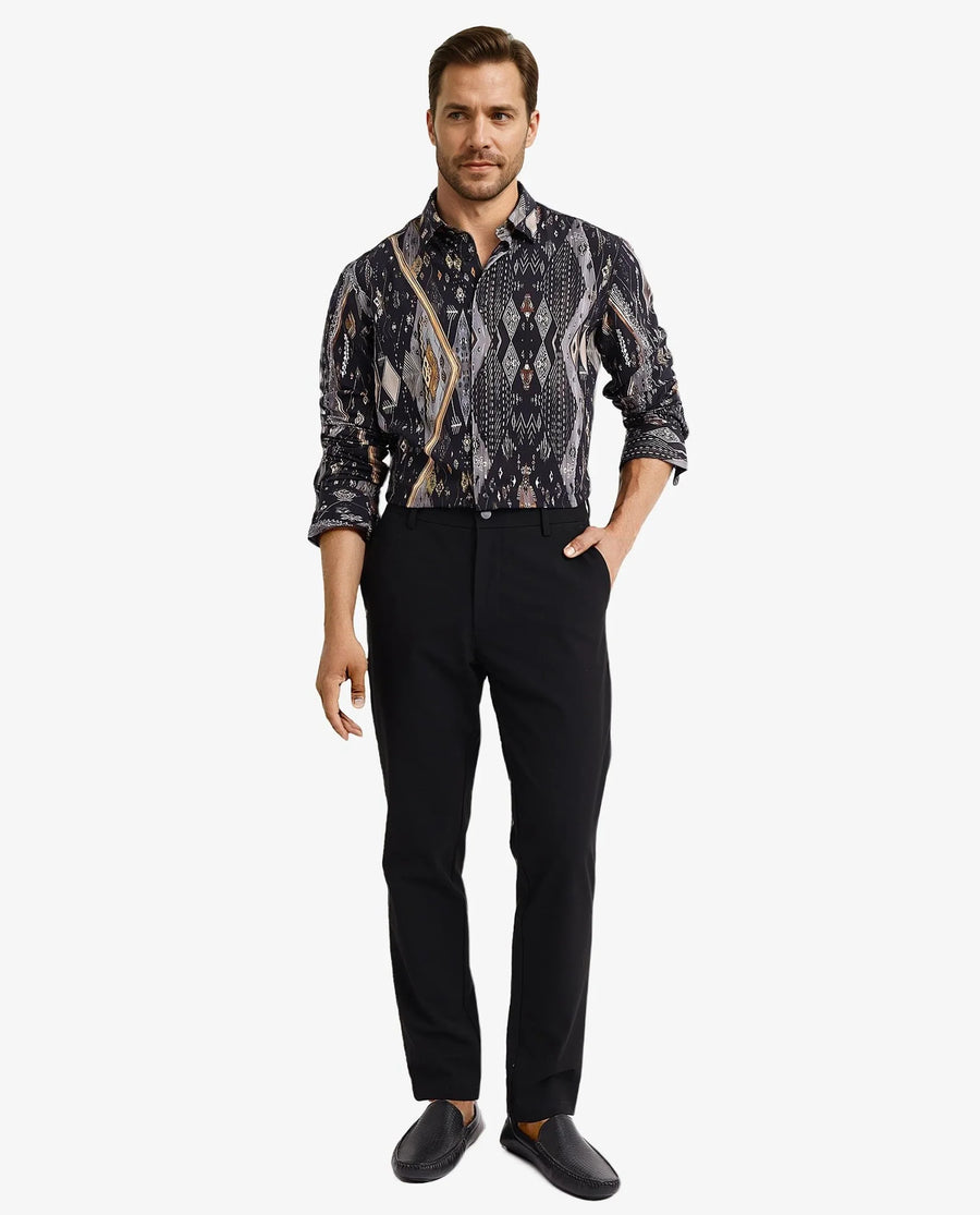 Rare Rabbit Men's Ciphor Black Decorative Print Regular Fit Full Sleeve Collared Shirt