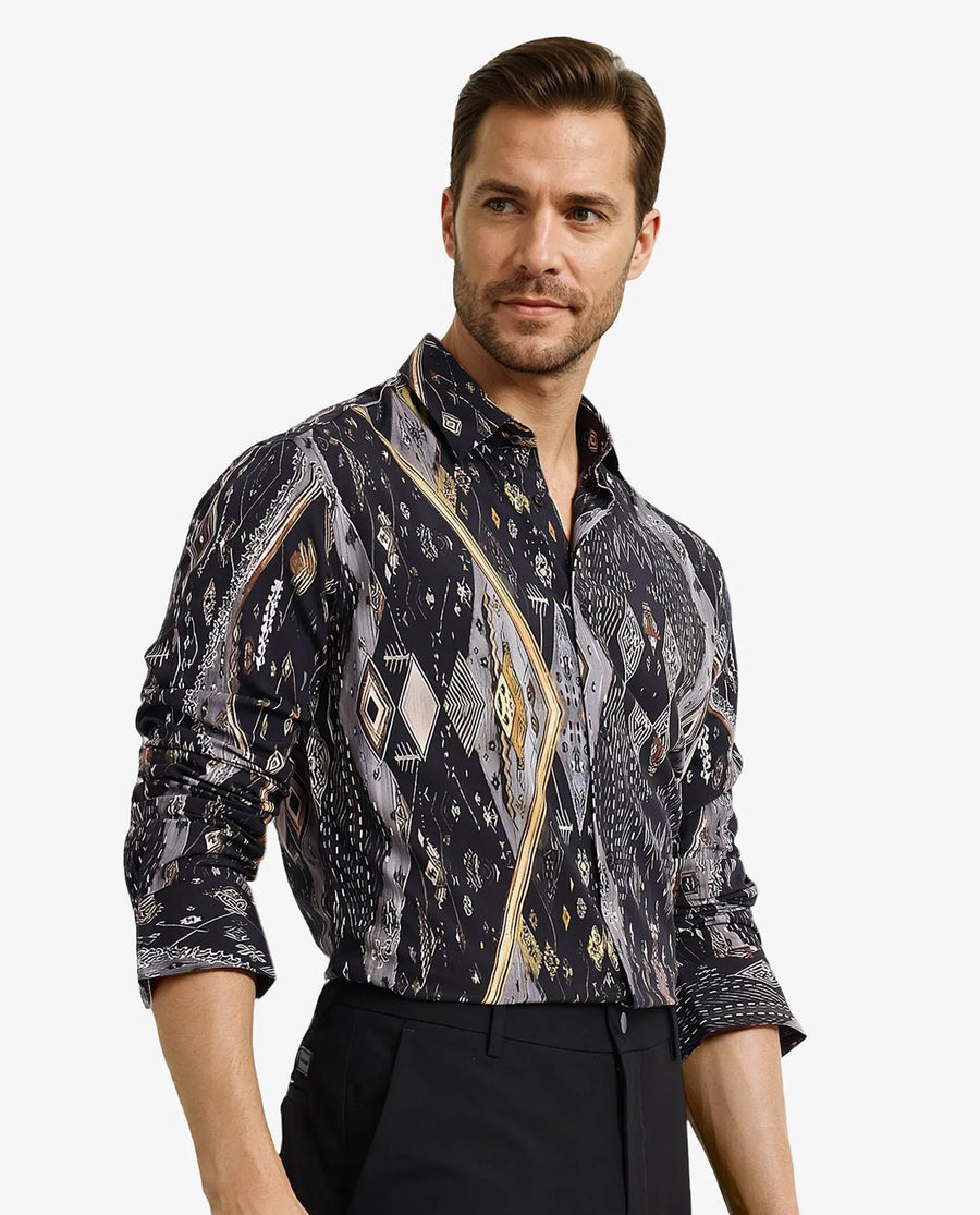 Rare Rabbit Men's Ciphor Black Decorative Print Regular Fit Full Sleeve Collared Shirt