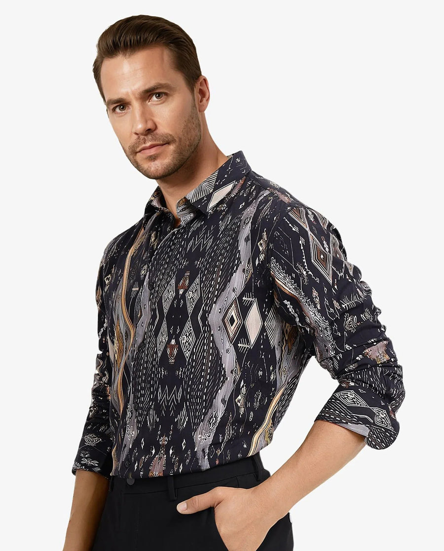 Rare Rabbit Men's Ciphor Black Decorative Print Regular Fit Full Sleeve Collared Shirt