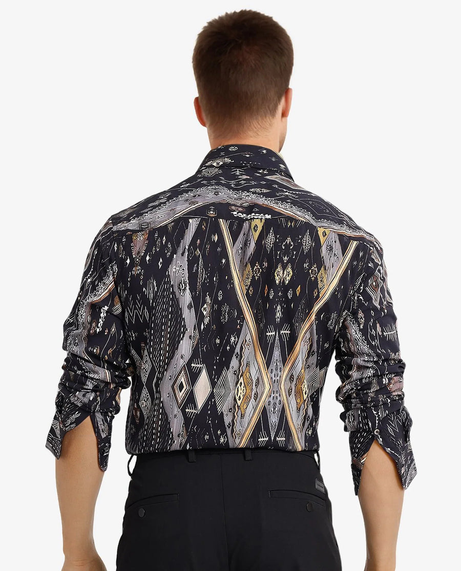 Rare Rabbit Men's Ciphor Black Decorative Print Regular Fit Full Sleeve Collared Shirt