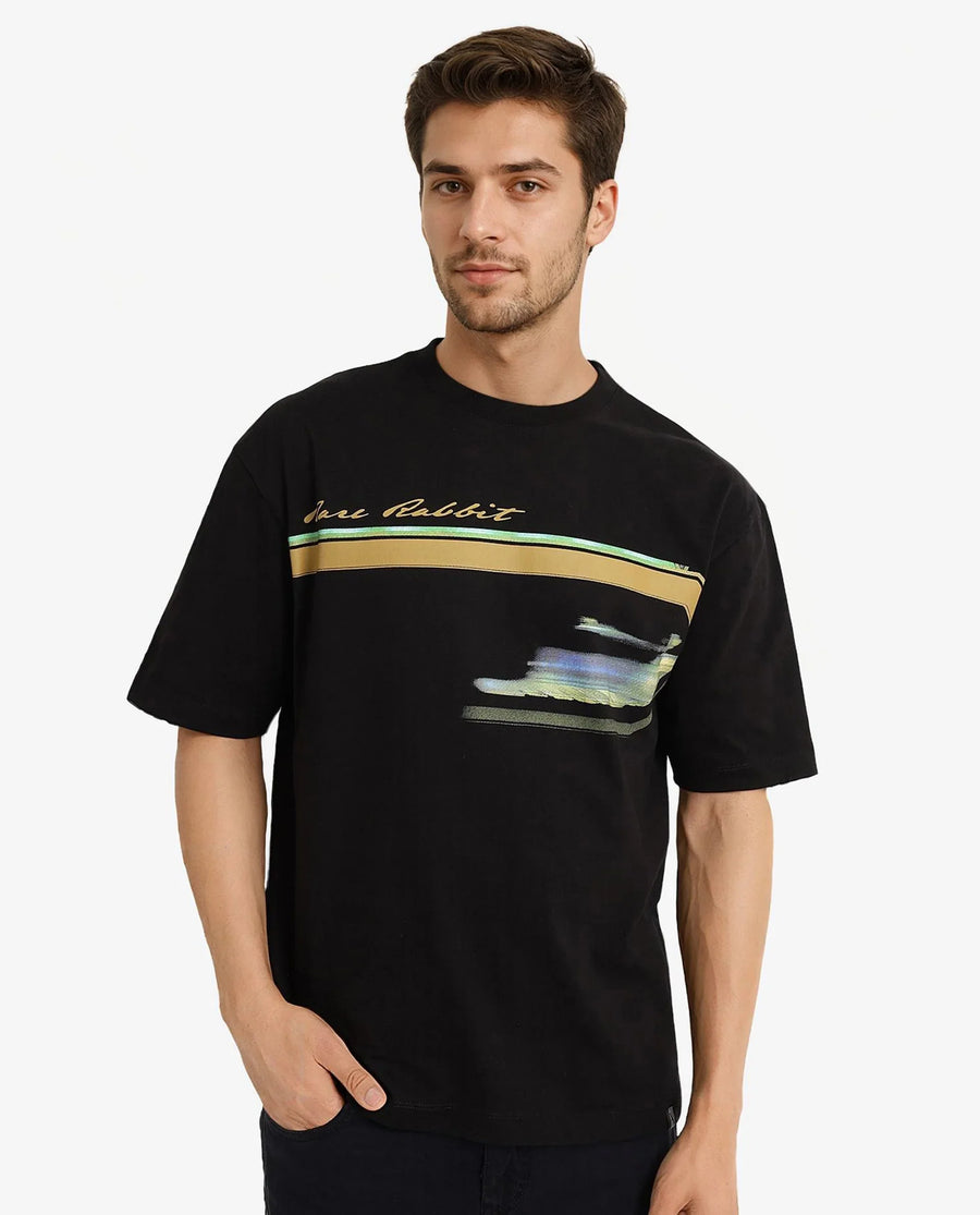 Rare Rabbit Men's Cius Black Cotton Graphic Print Oversized Fit Half Sleeve Crew Neck T-Shirt